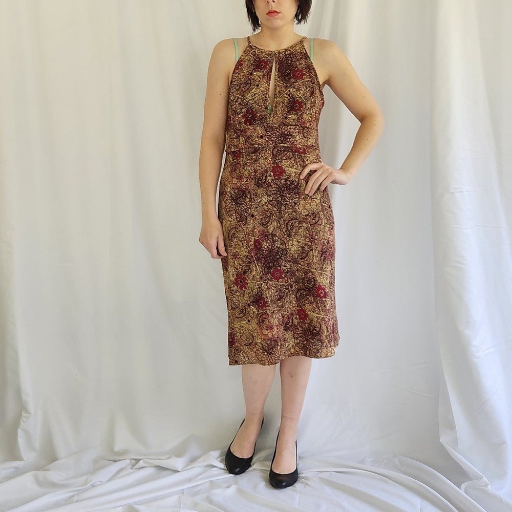 Y2K Tan and Pink Floral Midi Dress